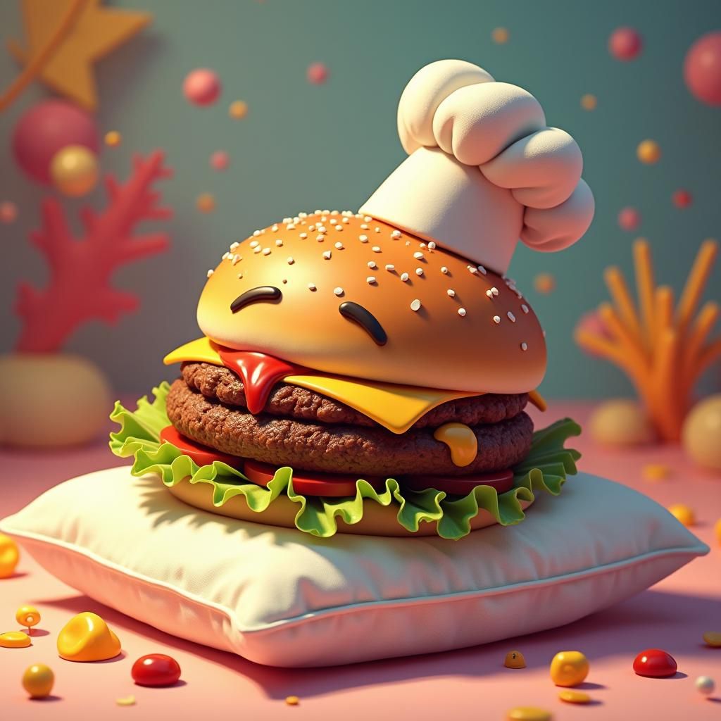 Chef Cheeseburger Resting on Pillow, Hyperrealistic Art