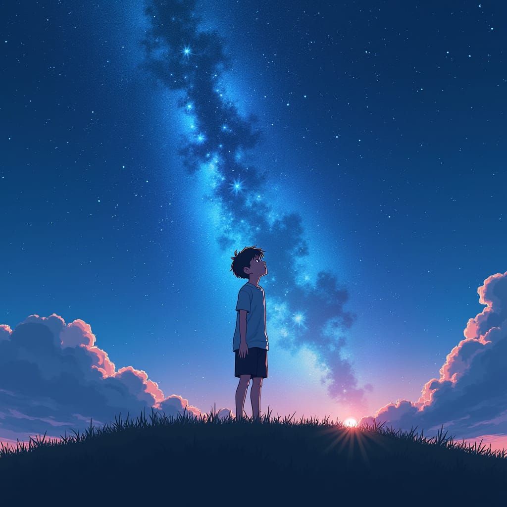 Melancholic Boy Gazing at Starry Sky in Anime Style