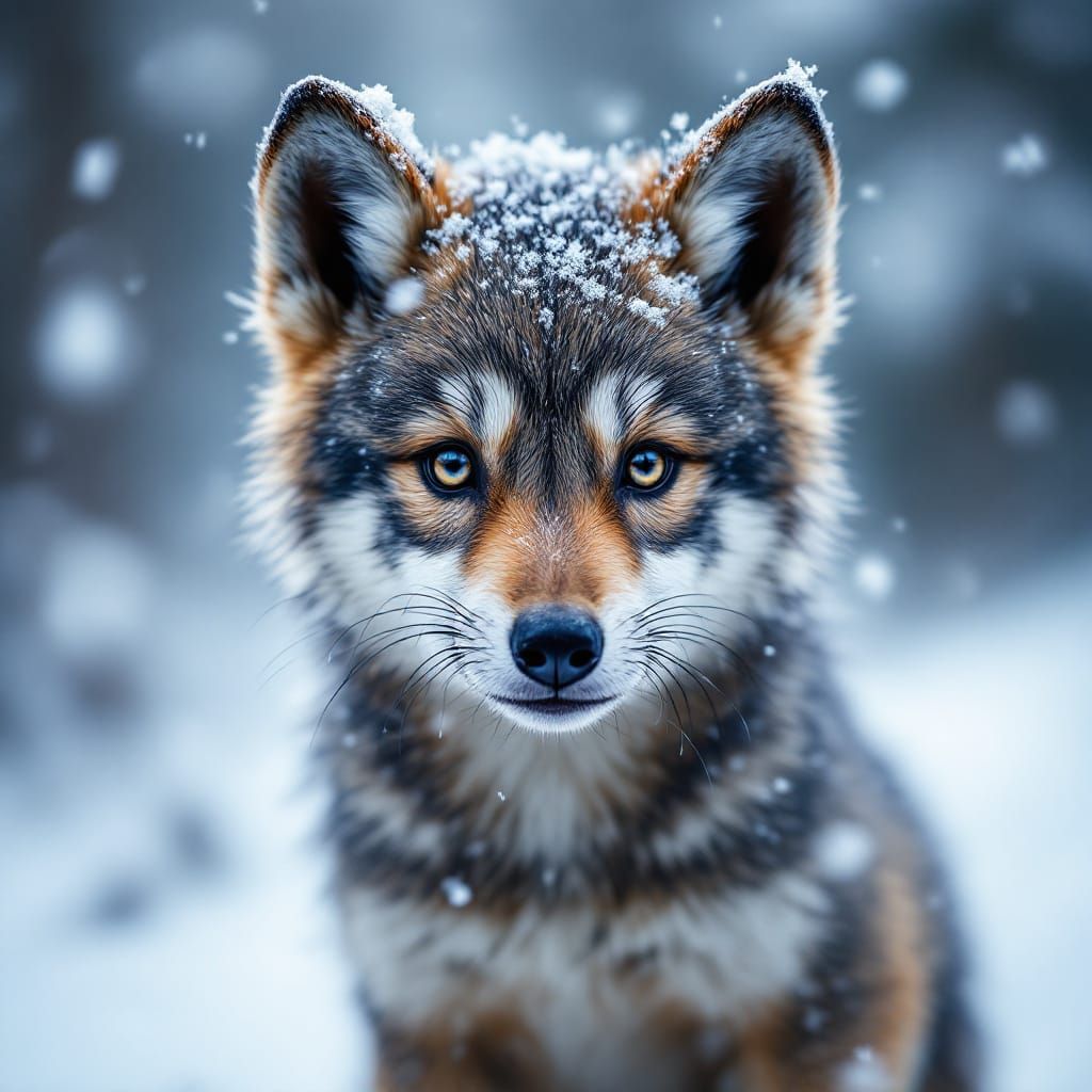 Realistic Wolf Cub Portrait in Snowy Forest