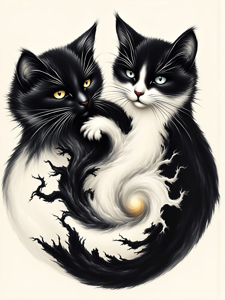 Serene Feline Yin-Yang Harmony in Japanese Ukiyo-E Style