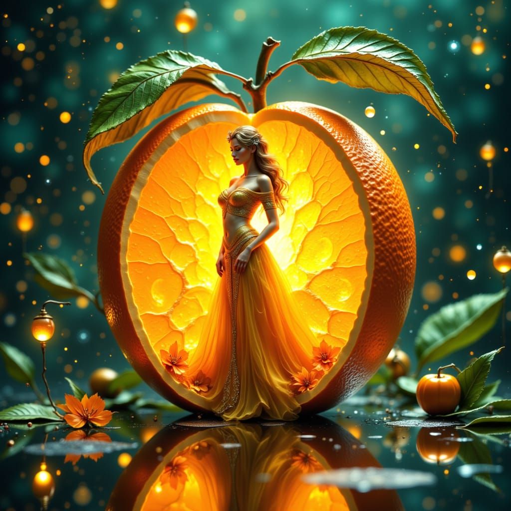 Princess Emerges from Ripe Orange in Volumetric Light