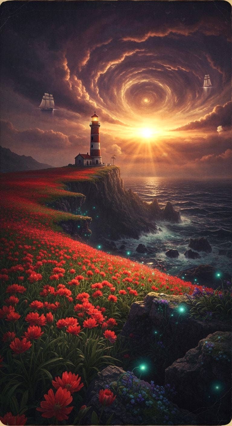 Surreal Sunset Over Red Flowers, Ancient Lighthouse, Gothic ...