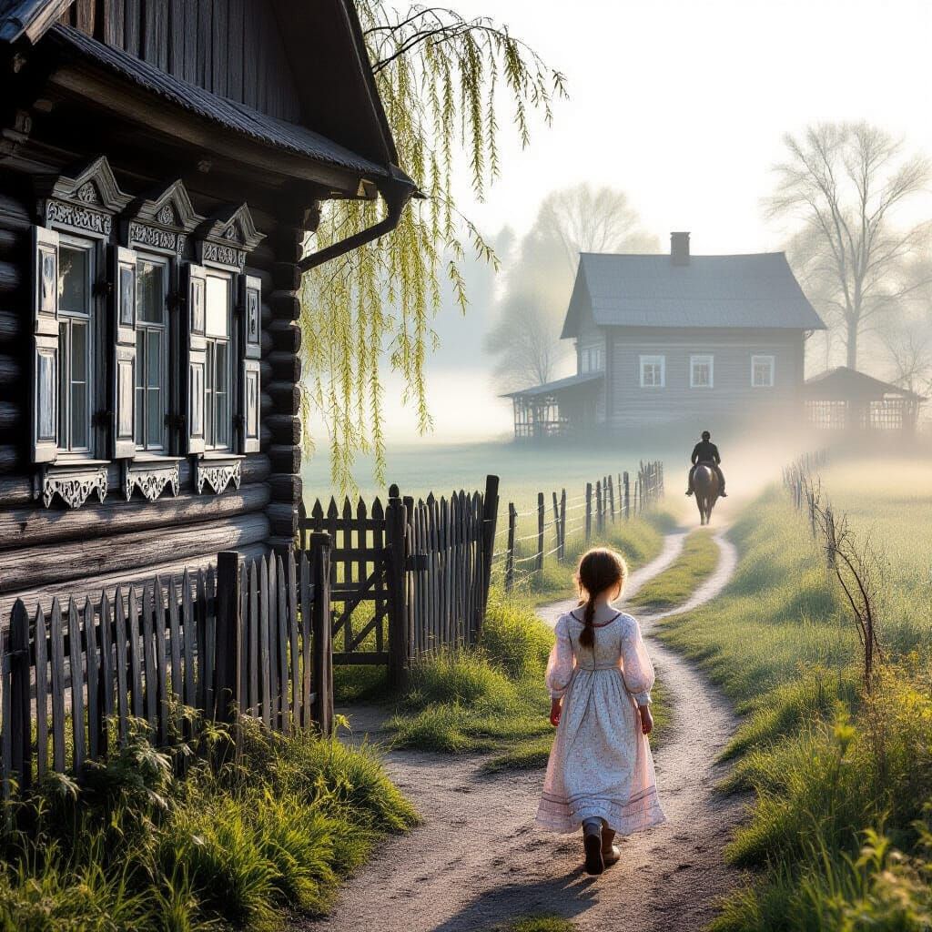 Spring Russian Village Scene With Girl and Rider
