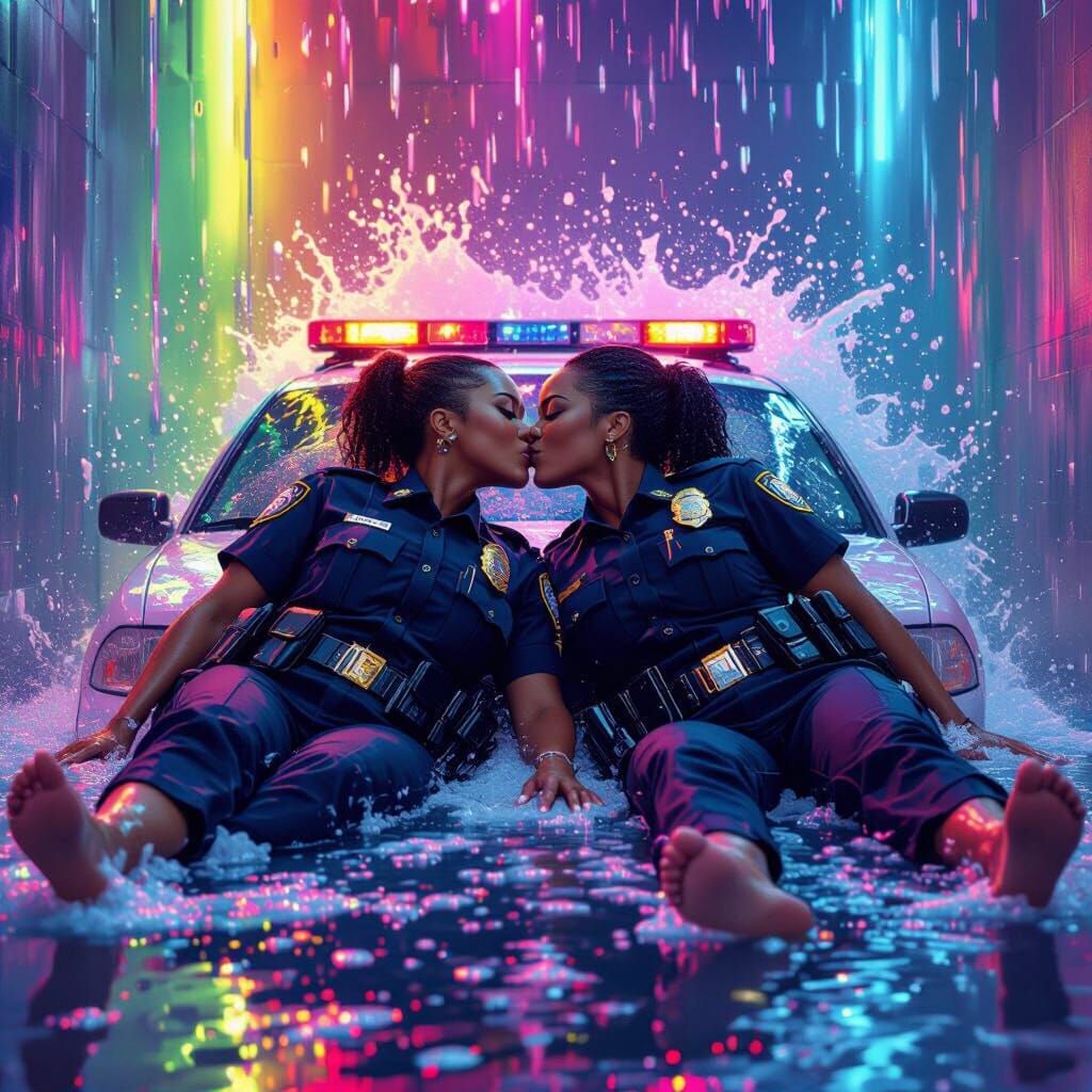 Police Officers Kissing in Neon Car Wash