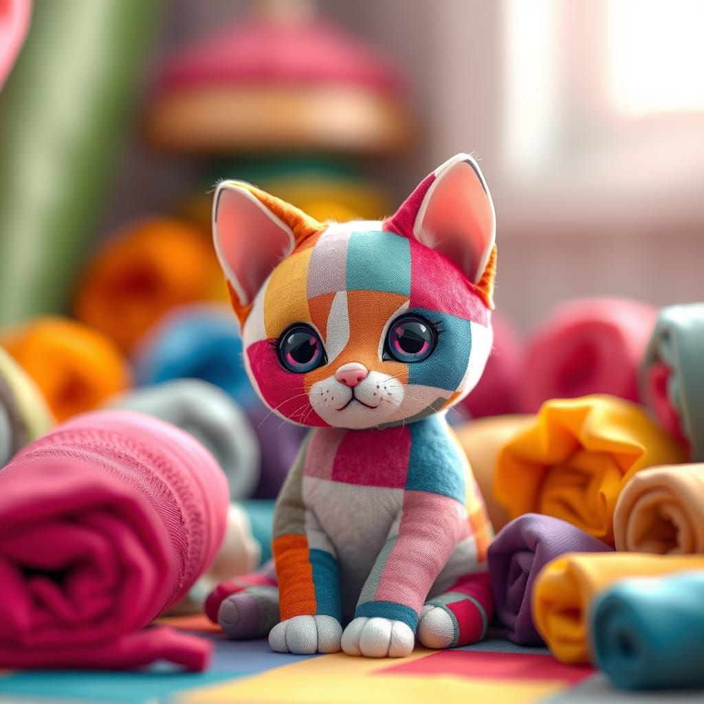 Vibrant Patchwork Kitten in Whimsical Room