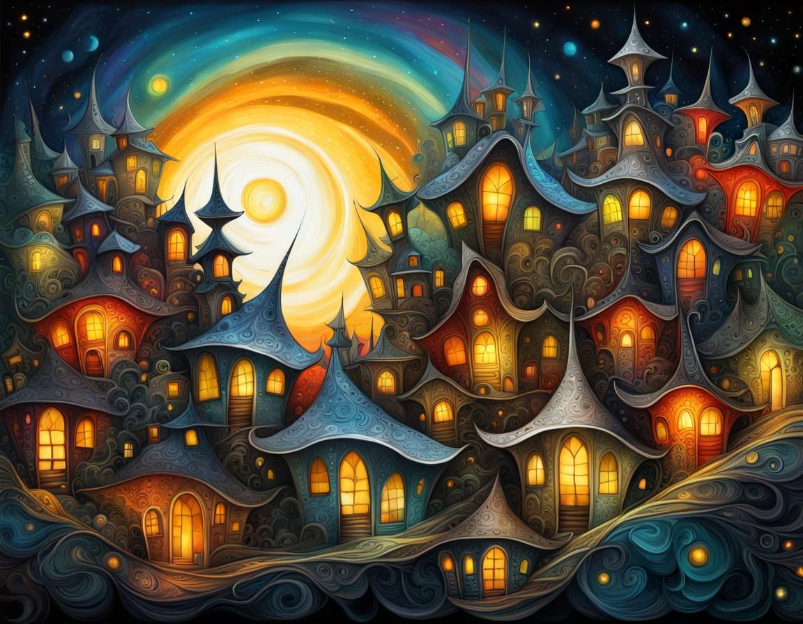 Ethereal Fae Village with Silver Roofs, Wet-in-Wet Ink