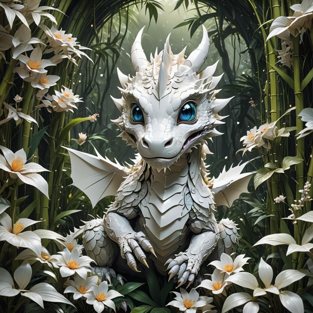 Biomechanical Baby Dragon in Magical Forest, 3D Render