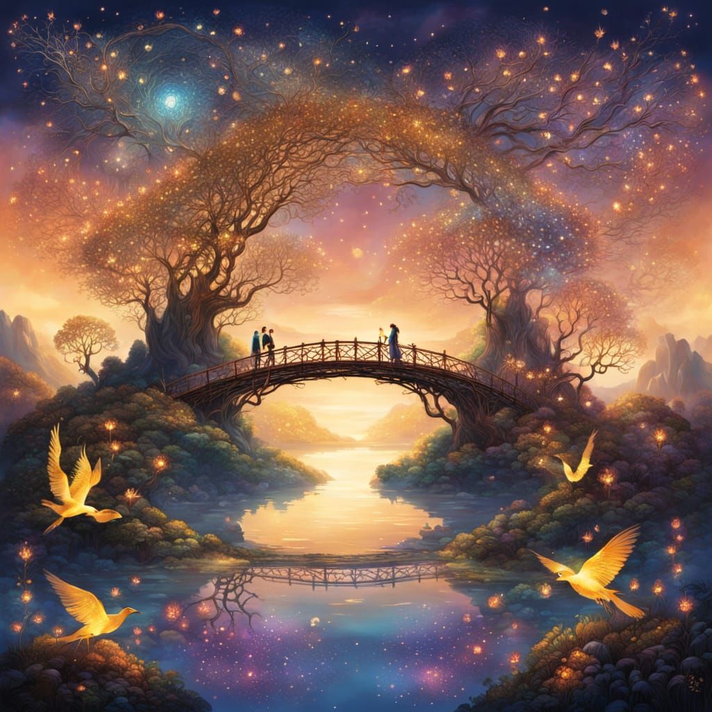 Golden Light Bridge Connects Floating Islands