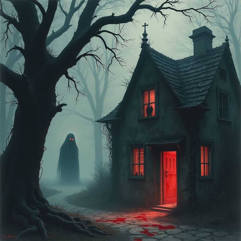 Eerie Ghostly Figure in Dark Forest Landscape