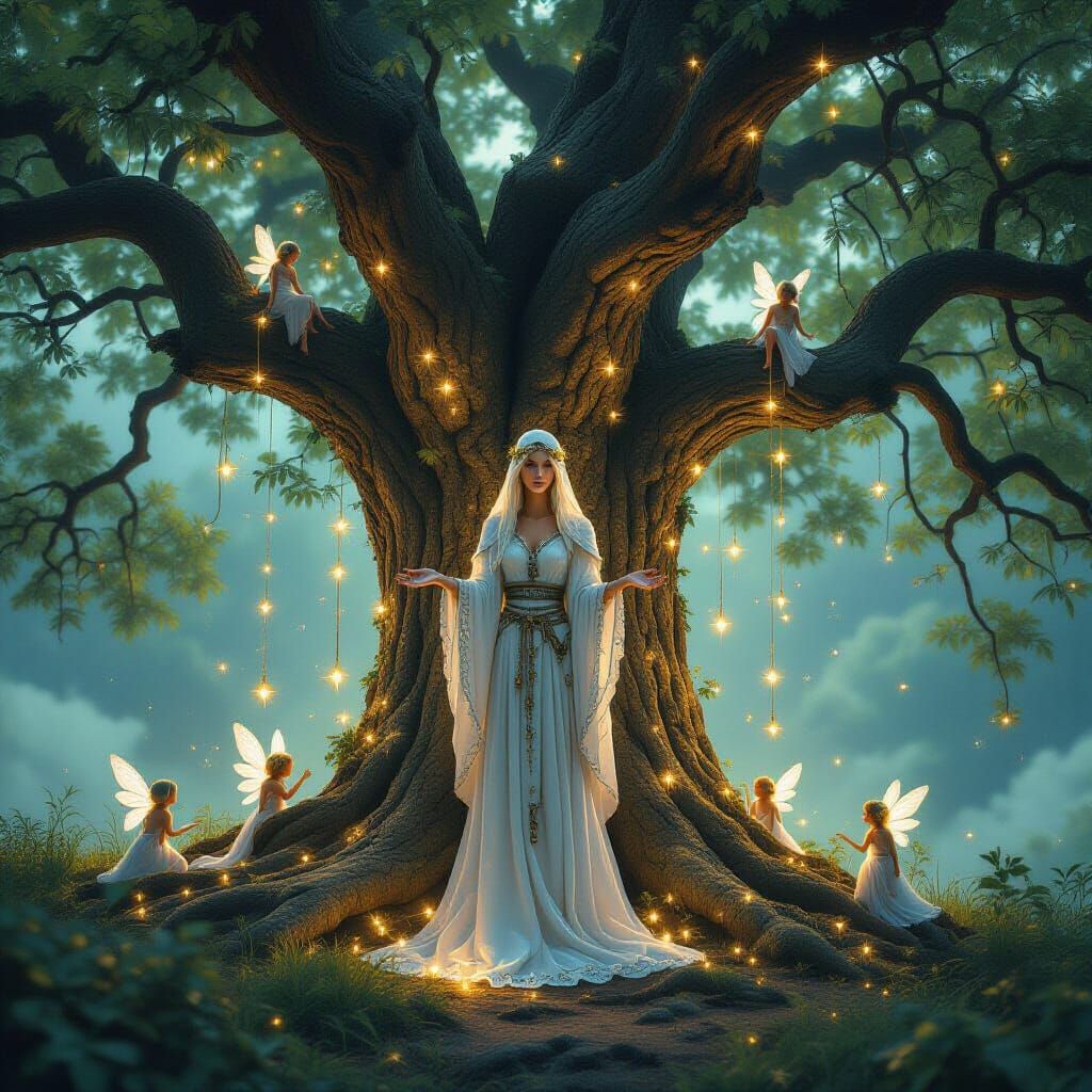 Mystical Oak Tree with Fairies in Dreamlike Light