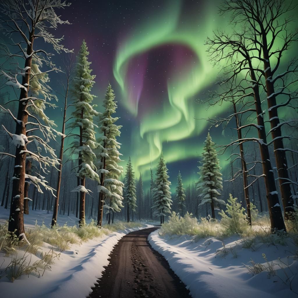 Winter Forest Path Under Northern Lights