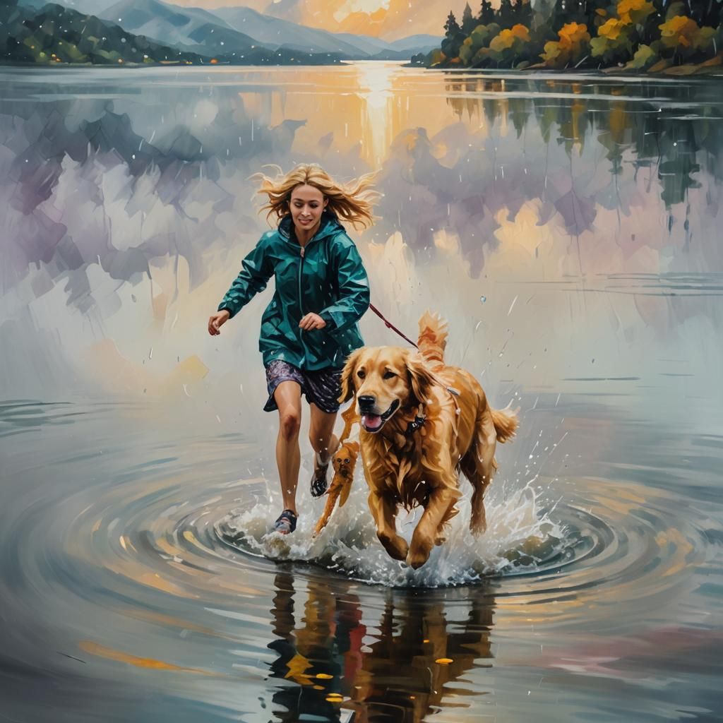 Girl and Dog Run on Water: Magical Realism Painting