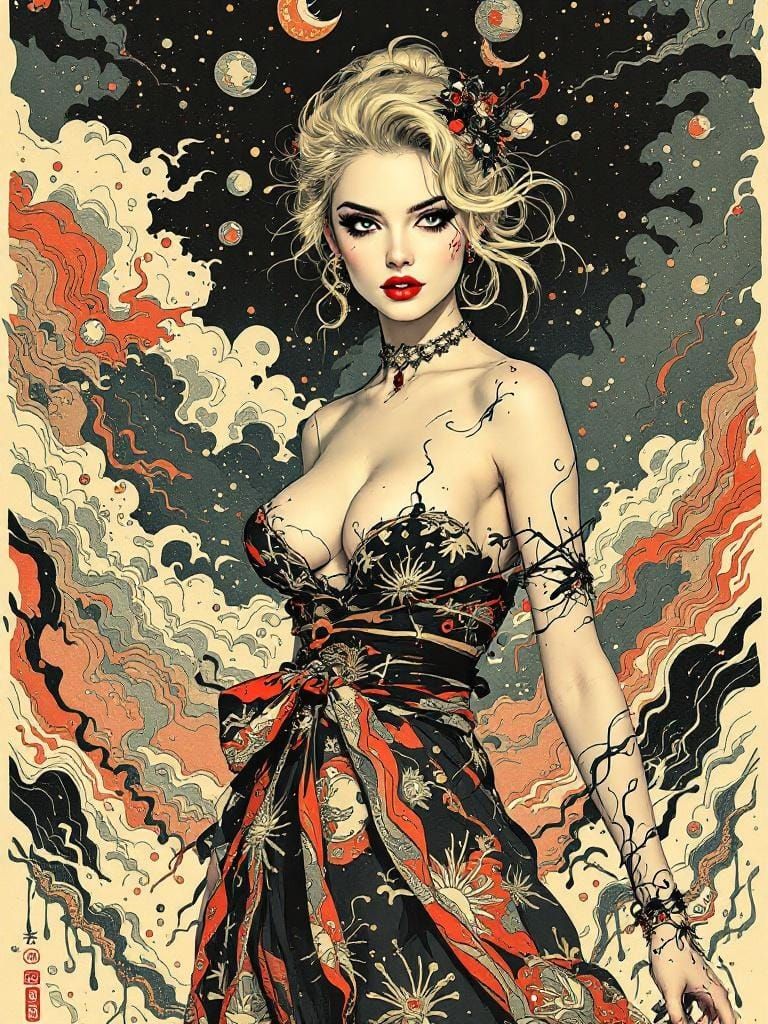 Blond Pin-Up in Ukiyo-e Style with Ink Effects