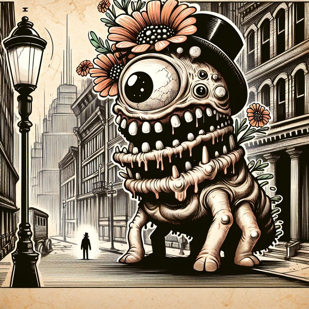 Vintage Comic Monster with Flowers Illustration