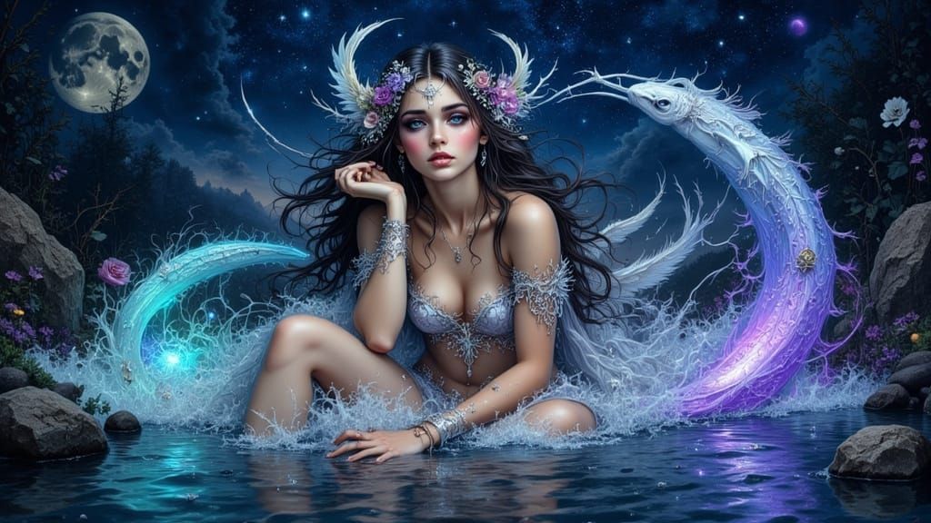 Water Witch Emerges from Moonlit River