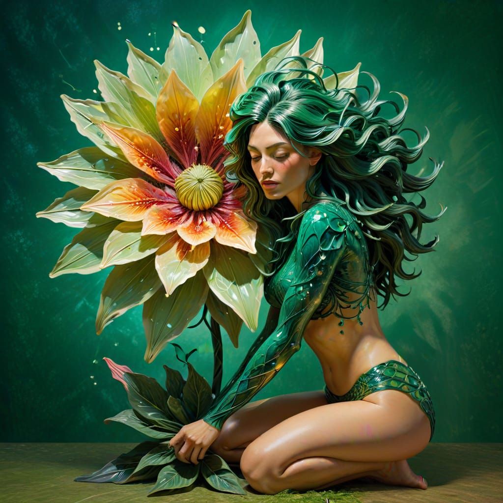 Surreal Woman With Star Hair Under Giant Flower, Impasto Sty...