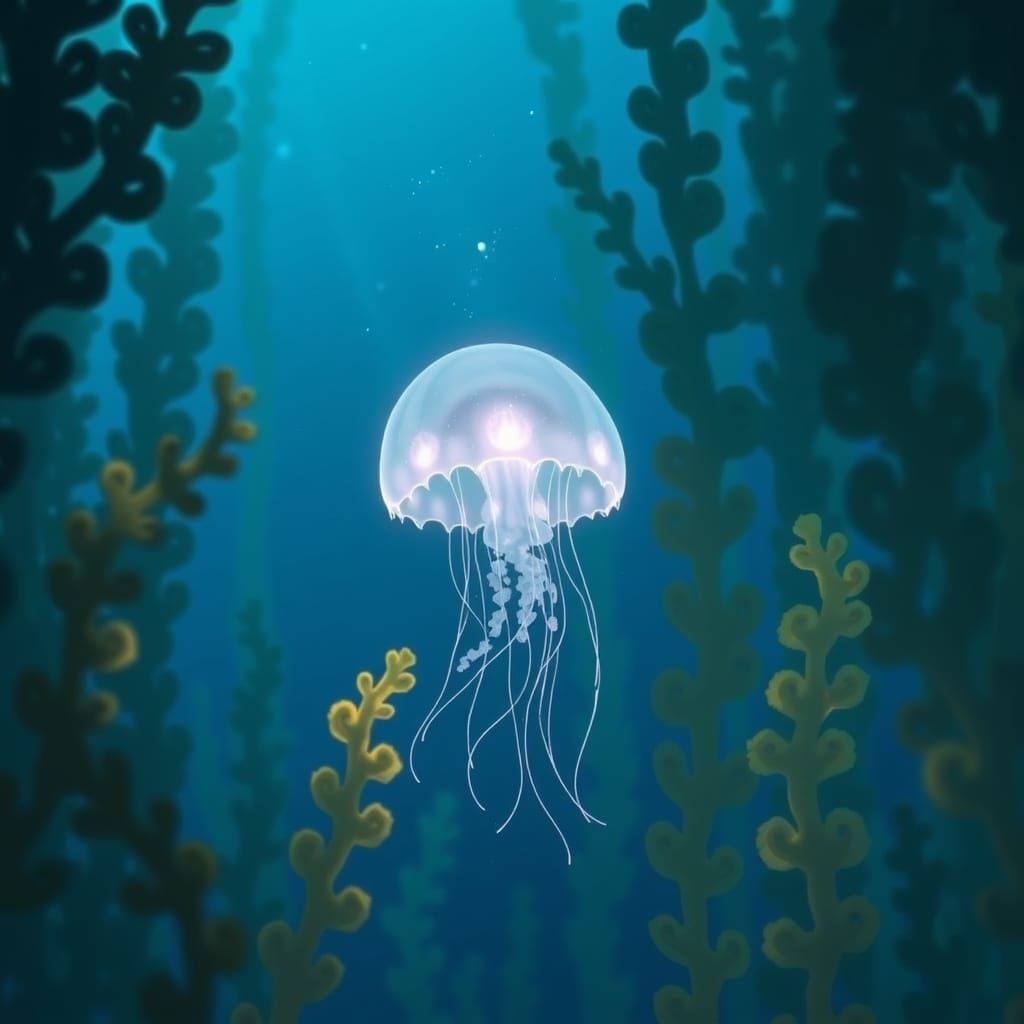 Bioluminescent Jellyfish in Kelp Forest, Ghibli Style