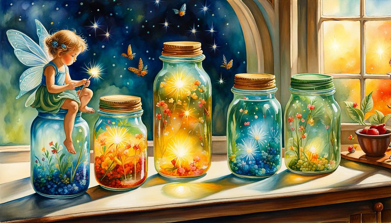 Fairy on Bottles in Surreal Watercolor