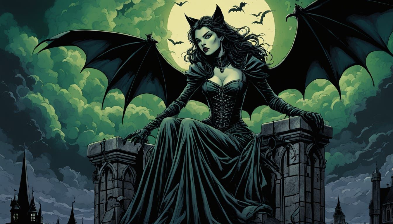 Gothic Vampire Queen on Gargoyle in Comic Book Art