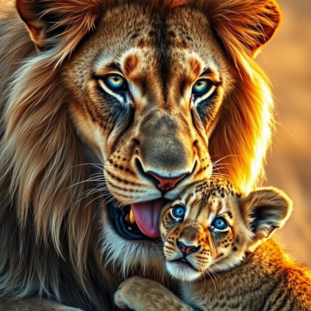 Blue-Eyed Lion and Cub: Hyperrealistic Savannah Scene