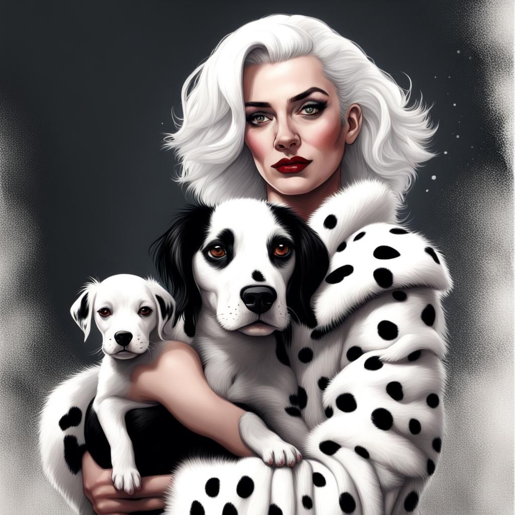 Cruella Deville with Dalmatians: Hyperrealistic Winter Portr...