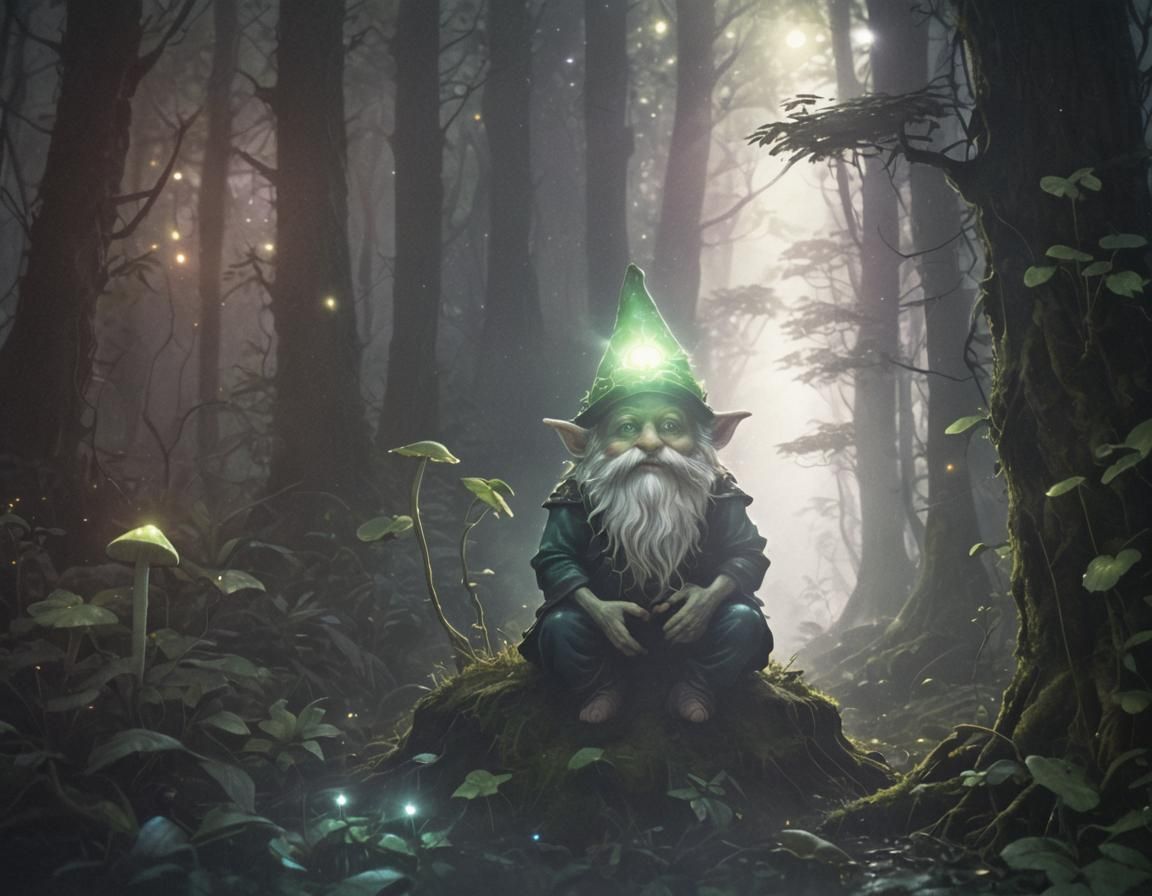 Luminous Gnome in Dark Forest: Dark Fantasy Illustration