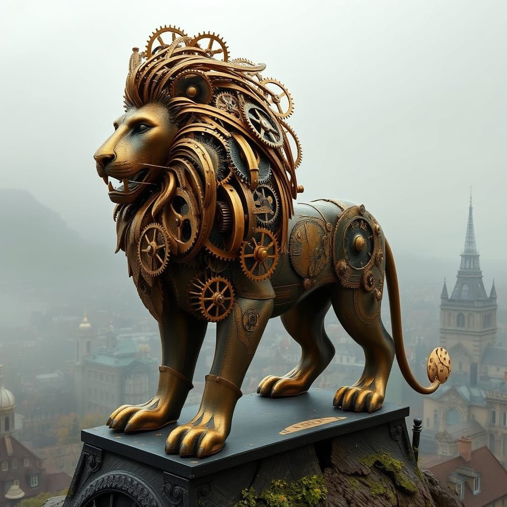 Steampunk Lion Sculpture Over Victorian Cityscape