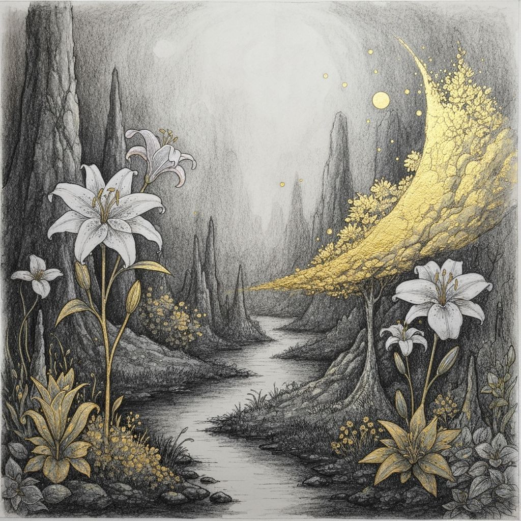 Dreamscape of Multicolor Lilies in Charcoal and Gold Ink