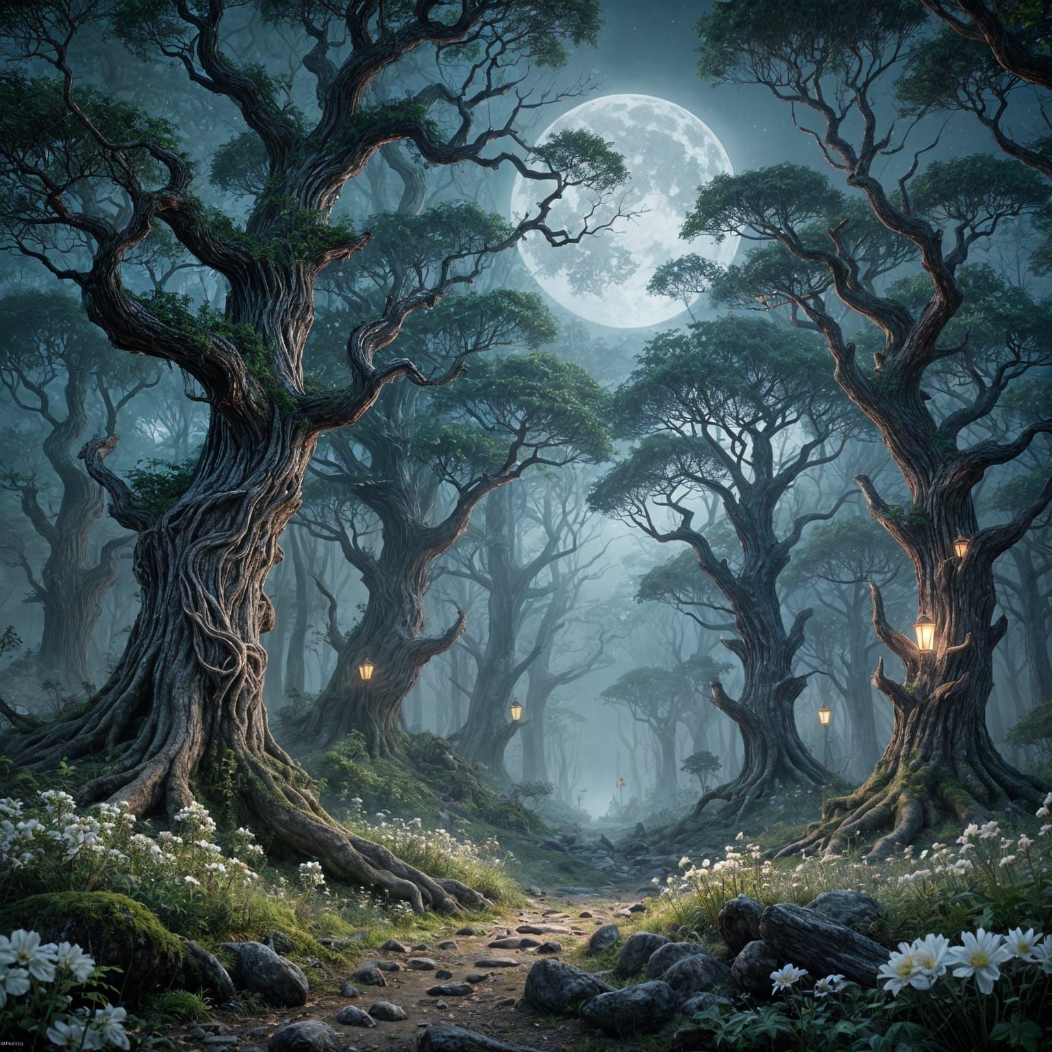 Ethereal Forest Landscape with Two Moons and Glowing Path