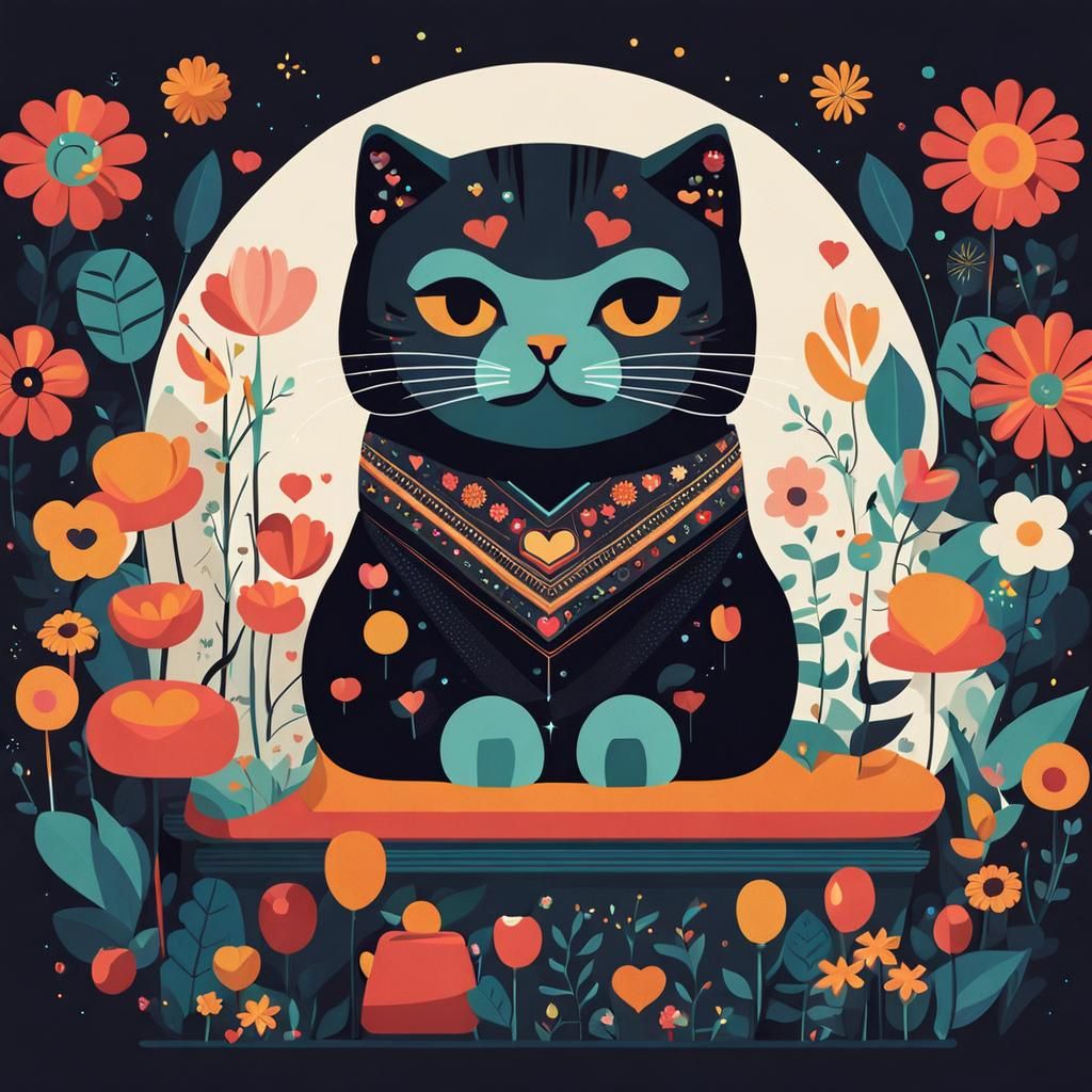 Cute Cat with Flowers in Persian Art Style