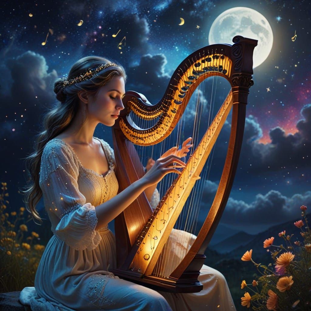 Woman Plays Moon Harp in Dreamy Oil Painting