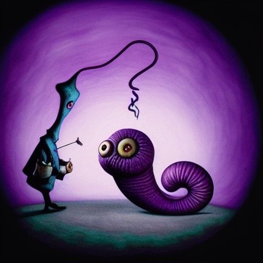 Surreal Purple Worm Smoking in Shadows