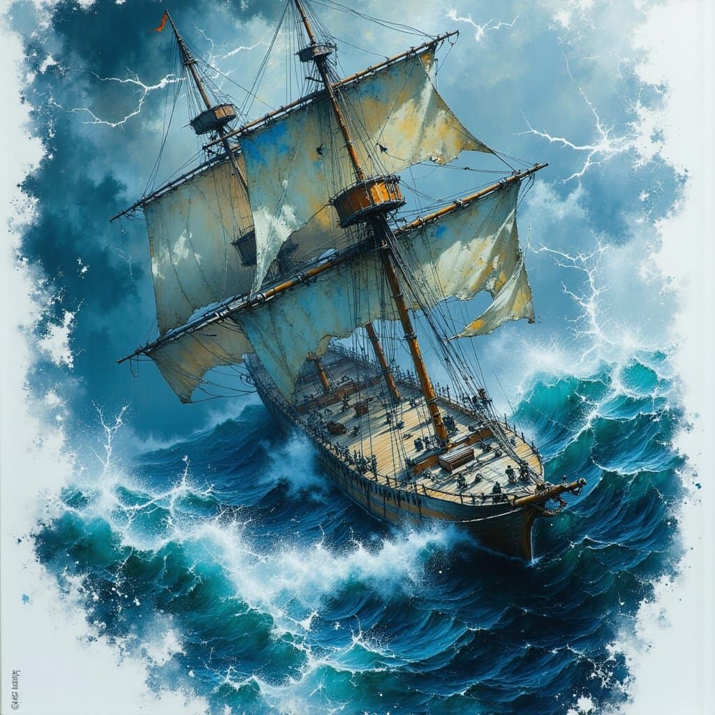 Ship Caught in Storm as Historical Oil Painting