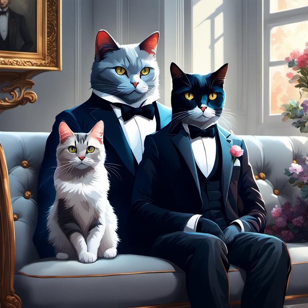 Tuxedo Cat and Bird Cushion on Grey Couch