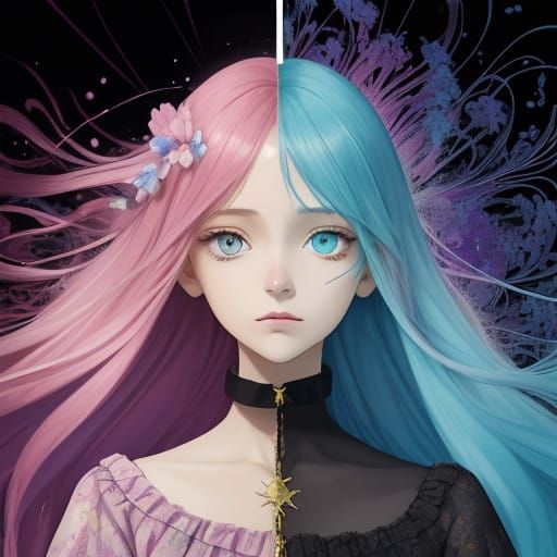 Delicate Anime Girl in Vibrant Digital Collage Style