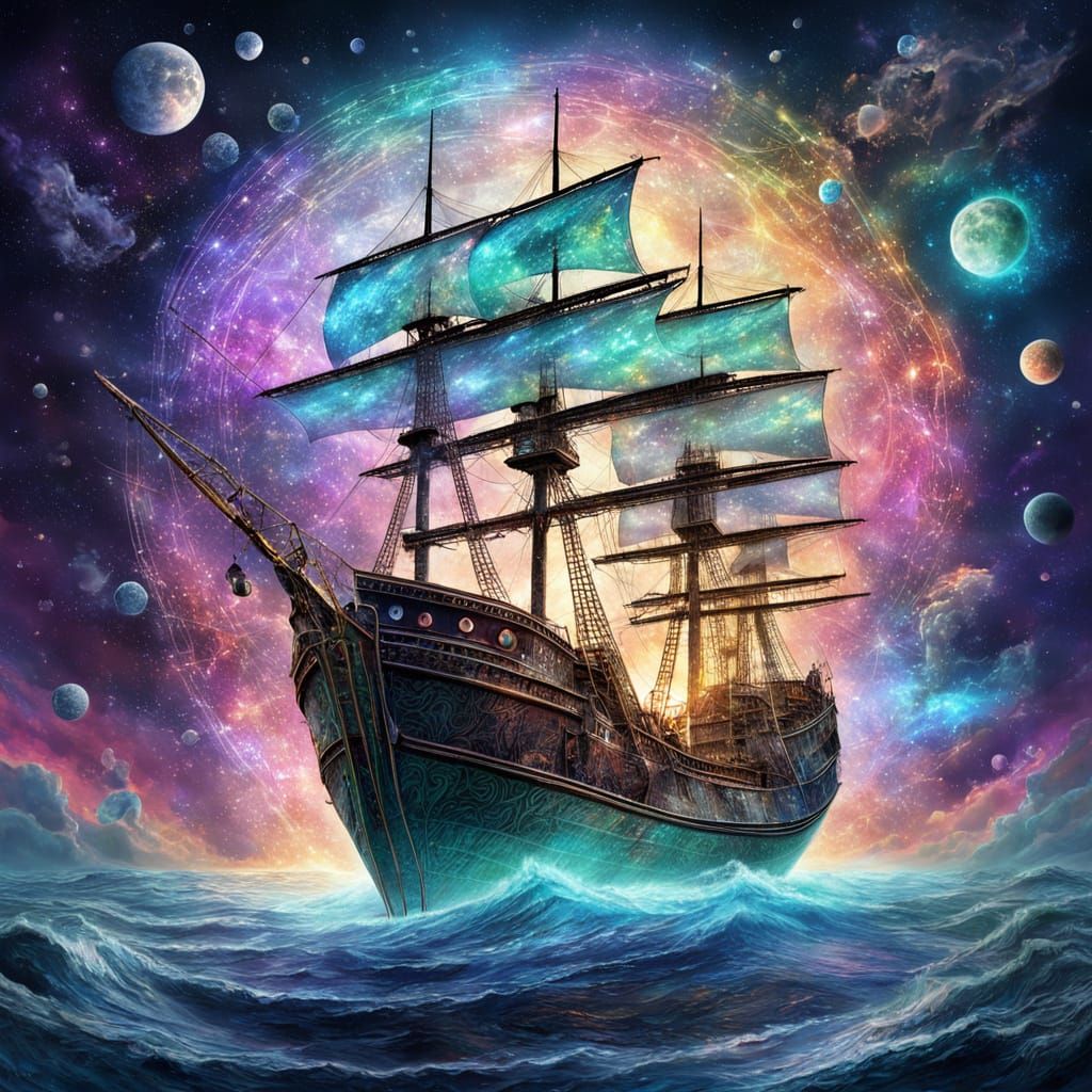 Vibrant Astral Boat in Cosmic Landscape