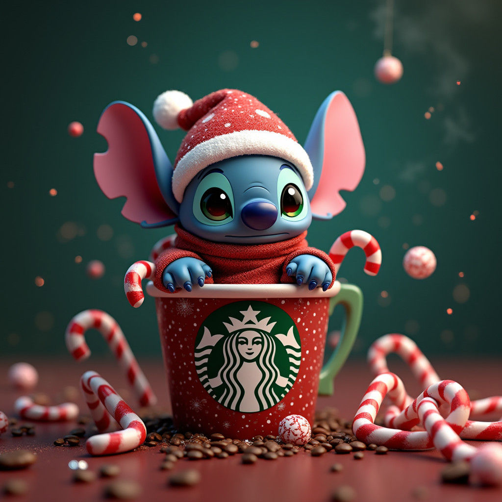 Baby Stitch in Starbucks Cup: 3D Rendered Christmas Scene