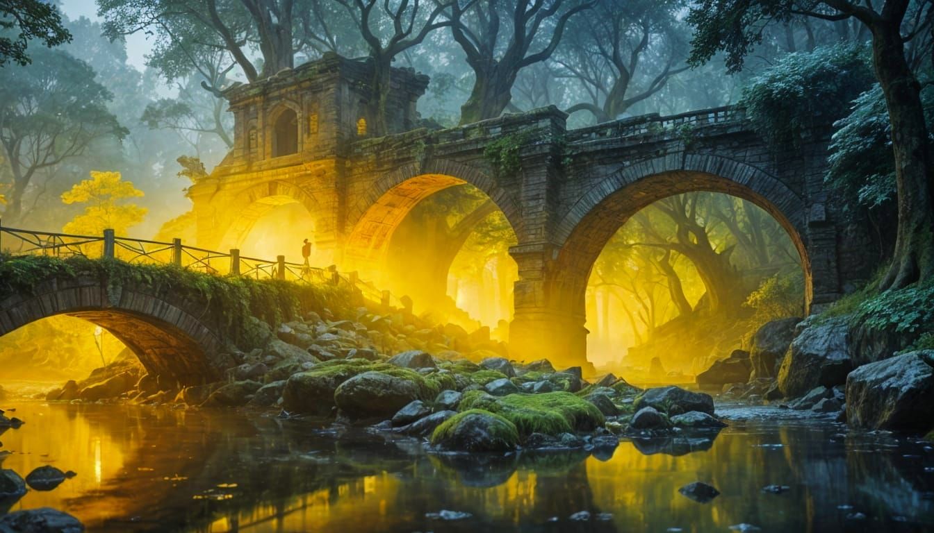 Mystical Forest Bridge in Matte Painting Style