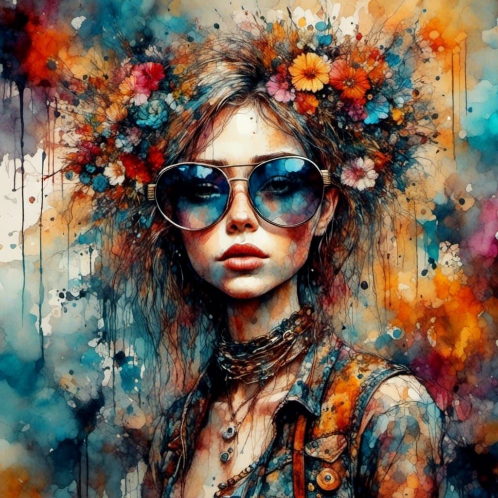 Cute Vintage Girl Illustration in Colorful Alcohol Inks