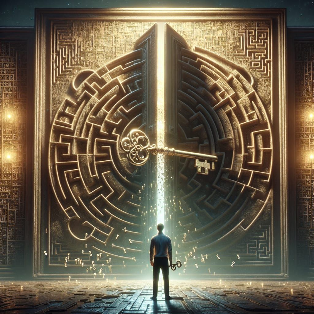 Keyhole Man Before Ancient Door Reveals Maze