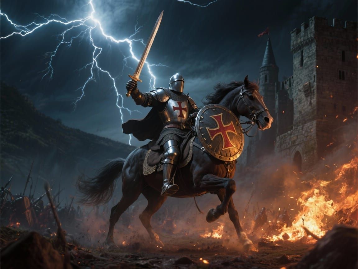 Templar Knight Charges Under Lightning Strike
