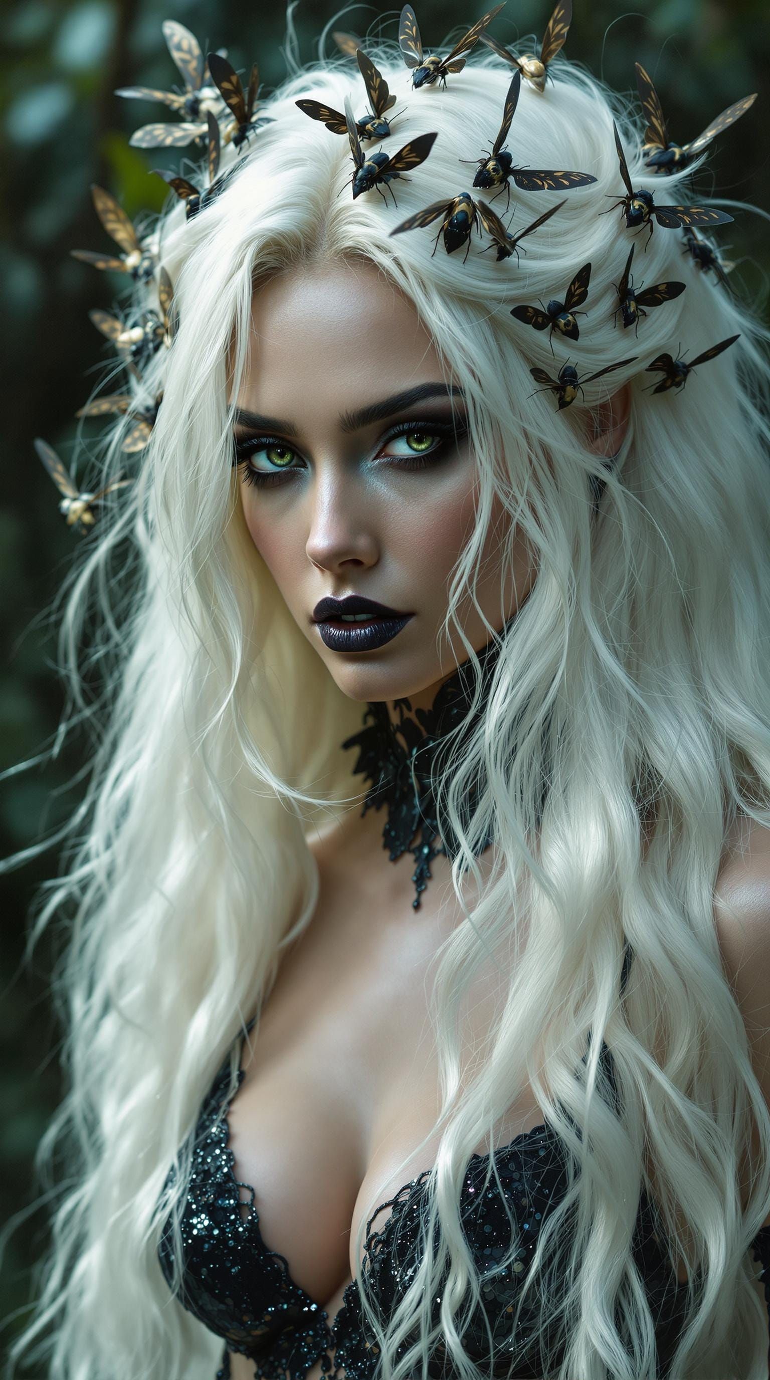 Enchanted White Witch Amidst Silk Moths in a Forest