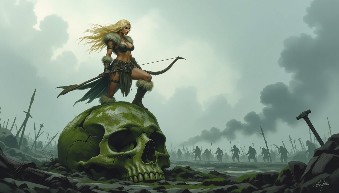 Barbarian Huntress on Battlefield in Frazetta Style