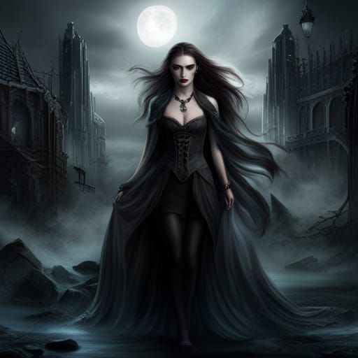 Elegant Gothic Vampire Woman in Digital Painting