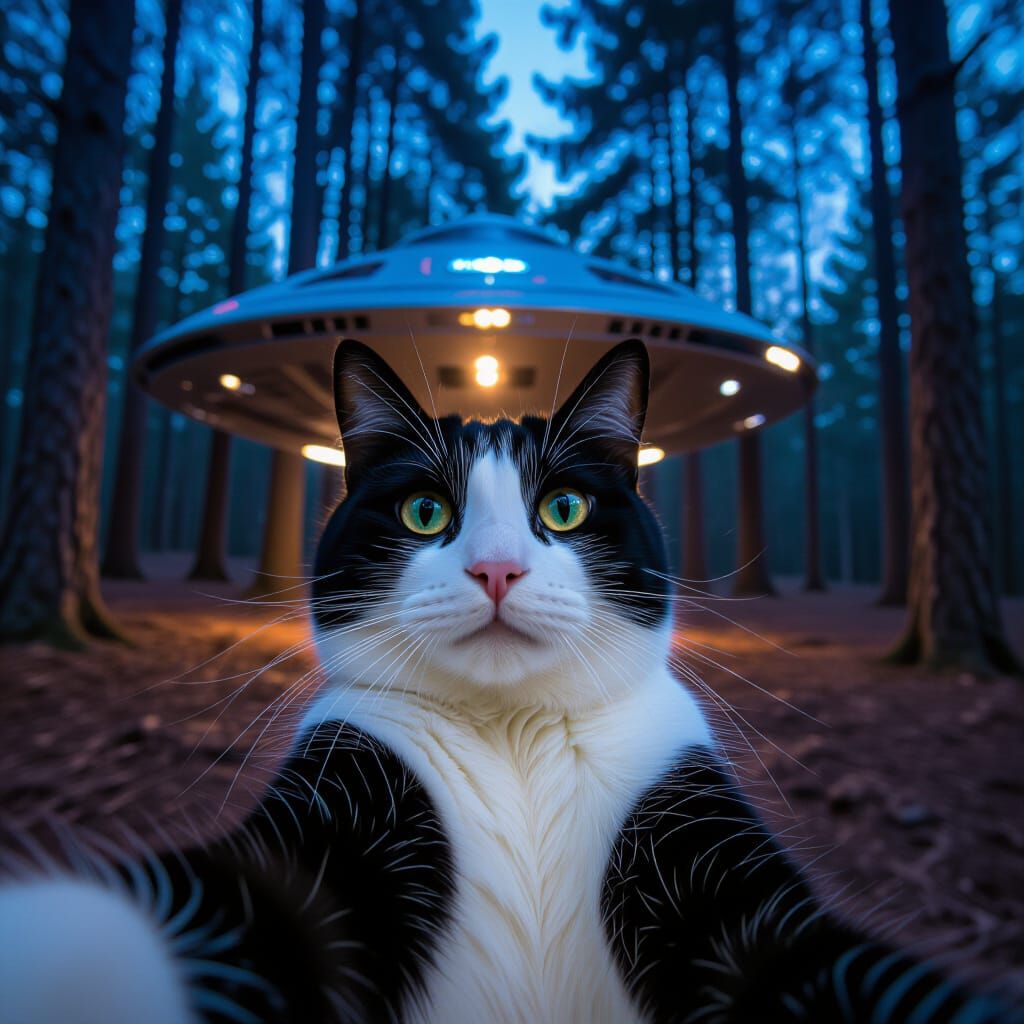 Tuxedo Cat Selfie with Spaceship in Woods