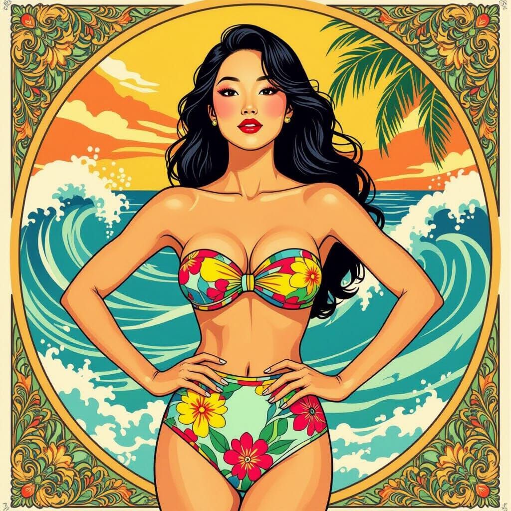 Confident Woman in Floral Bikini, Art Nouveau Style