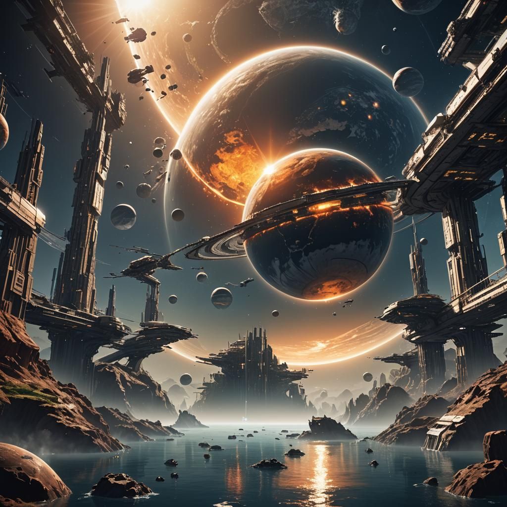 Giant Space Station Orbiting a Water Planet