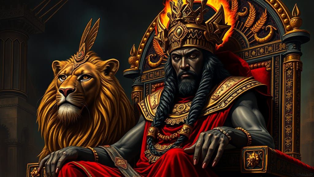Anunnaki King on Throne with Lion in Dark Style