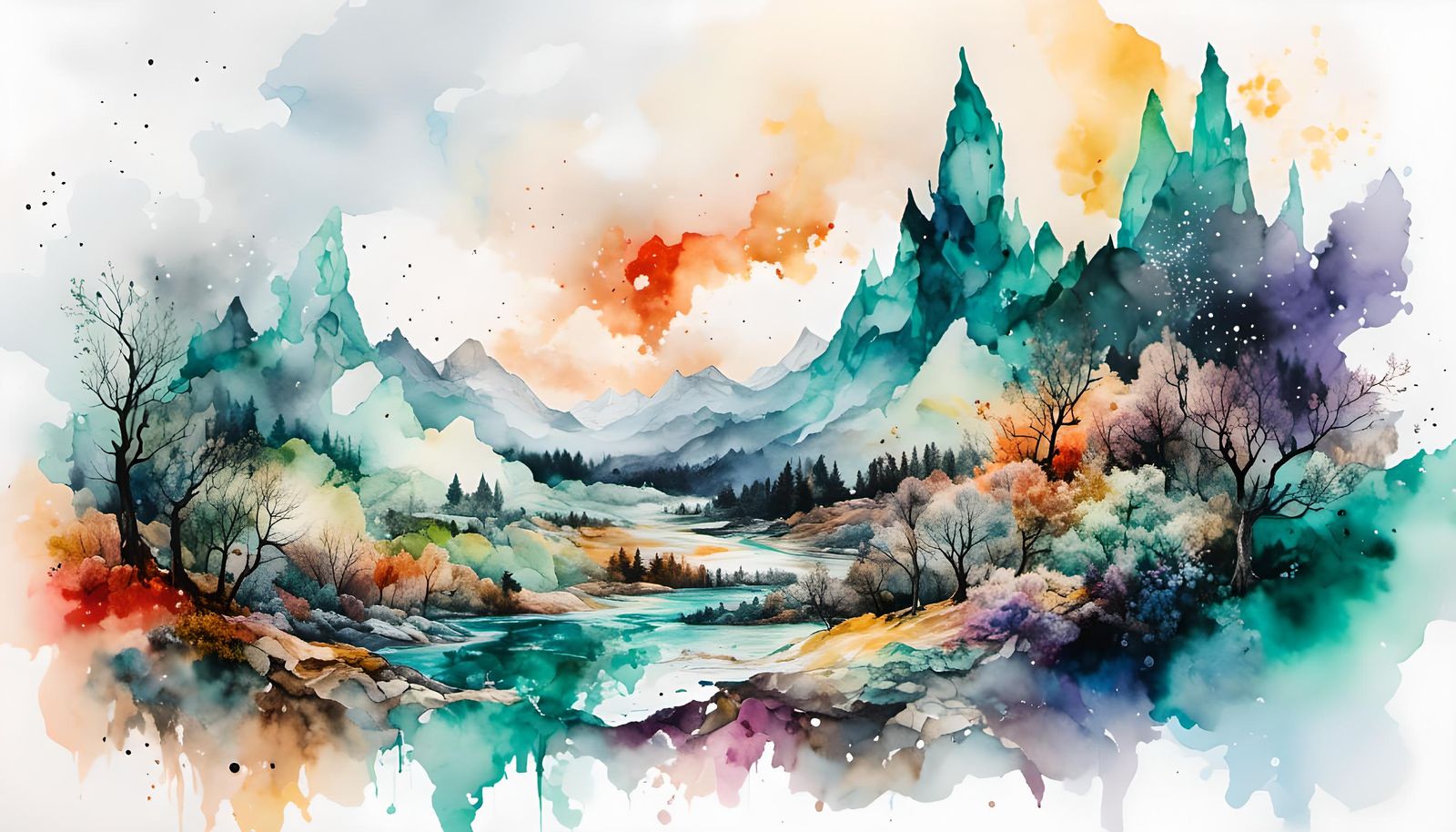 Abstract Ink Landscape in Watercolor Style