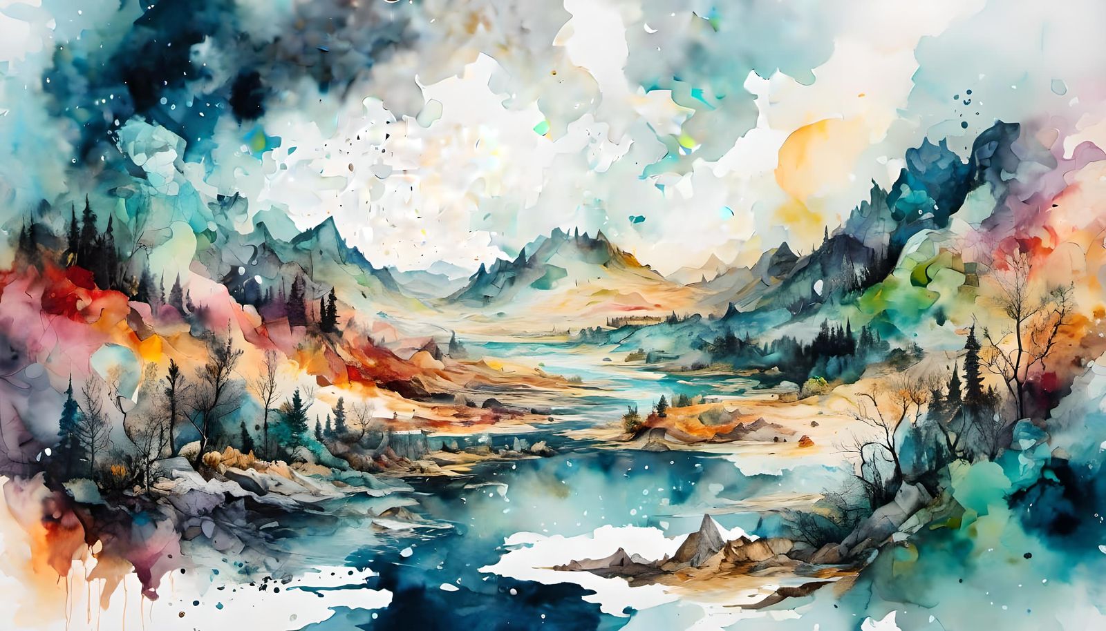 Abstract Ink Landscape in Watercolor Style